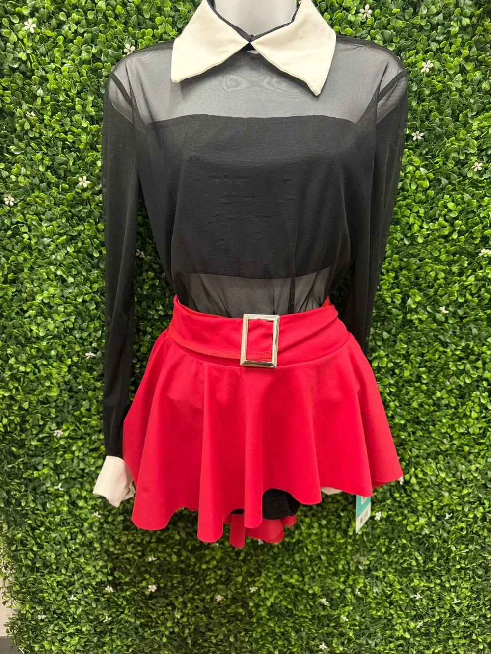 Black Sheer Dance Bodysuit with Cream Collar and Cuffs and Red Skirt